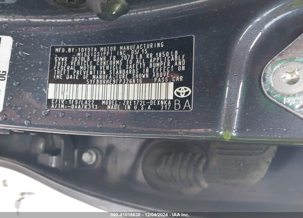 2015 TOYOTA COROLLA VIN: 5YFBURHE9FP326816