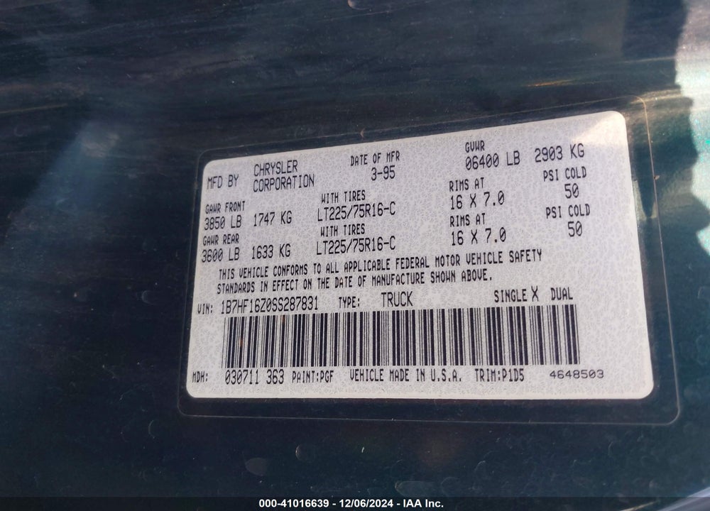 1995 DODGE RAM 1500 VIN: 1B7HF16Z0SS287831