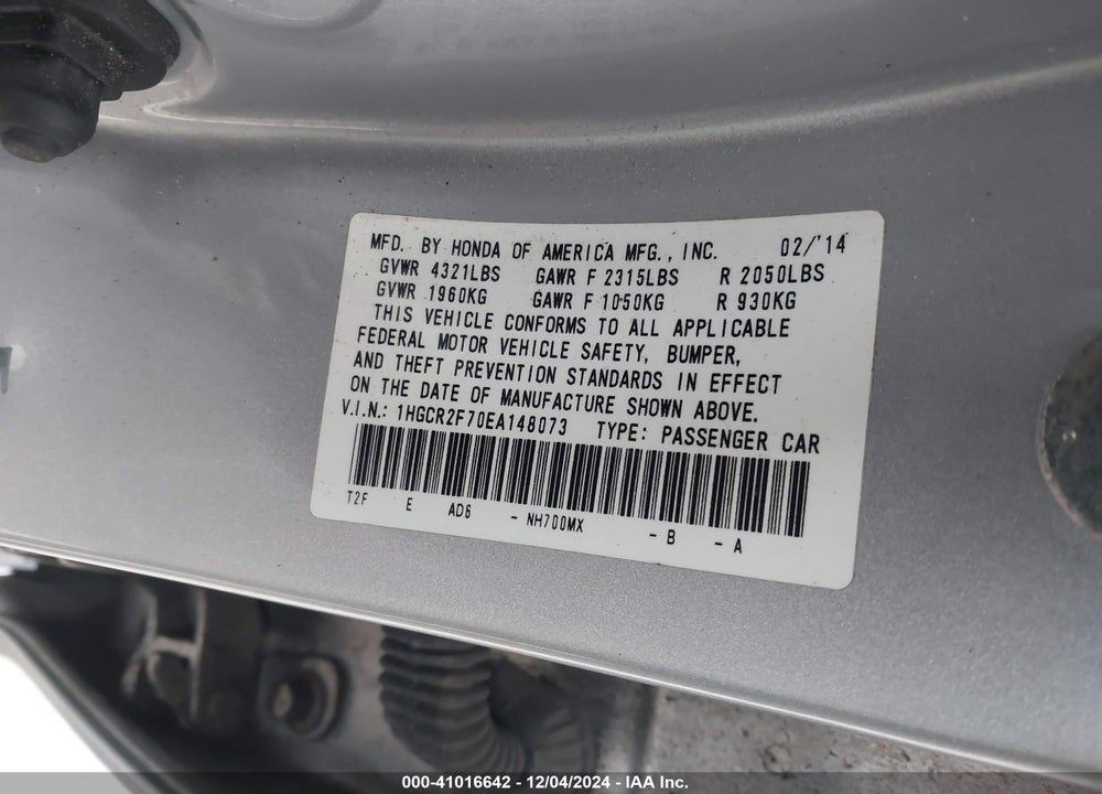2014 HONDA ACCORD EX VIN: 1HGCR2F70EA148073