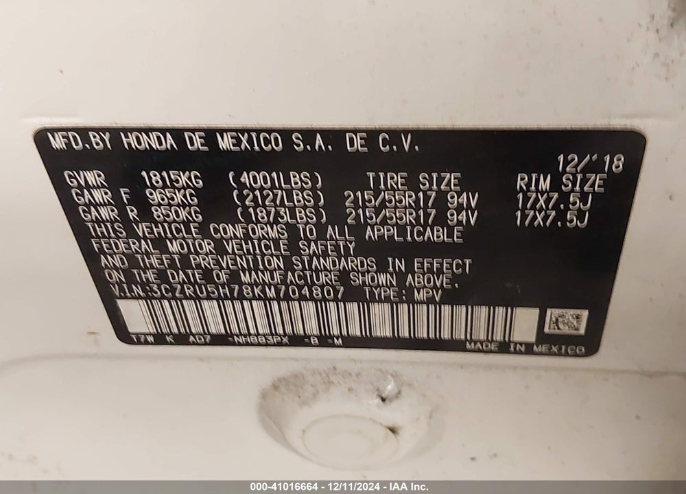 2019 HONDA HRV VIN: 3CZRU5H78KM704807