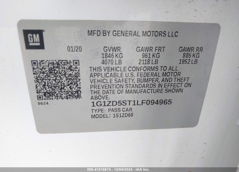 2020 CHEVROLET MALIBU VIN: 1G1ZD5ST1LF094965