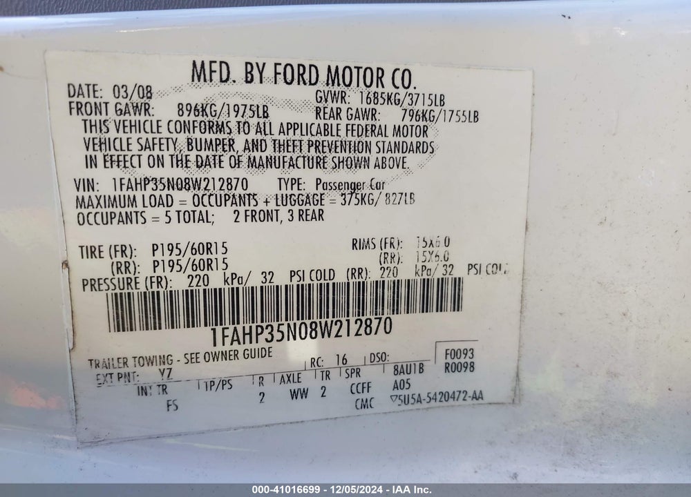 2008 FORD FOCUS SE/SES VIN: 1FAHP35N08W212870