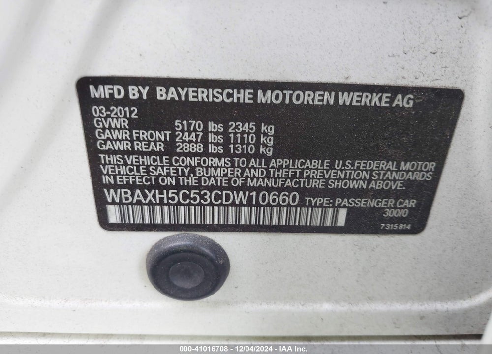 2012 BMW 528I VIN: WBAXH5C53CDW10660