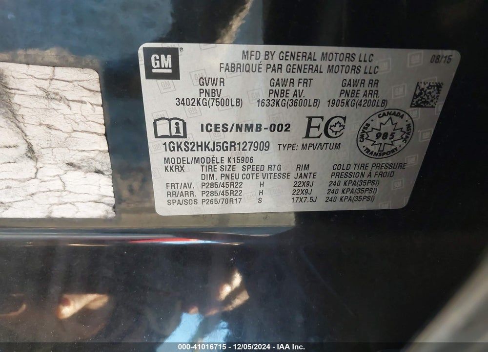2016 GMC YUKON XL DENALI VIN: 1GKS2HKJ5GR127909