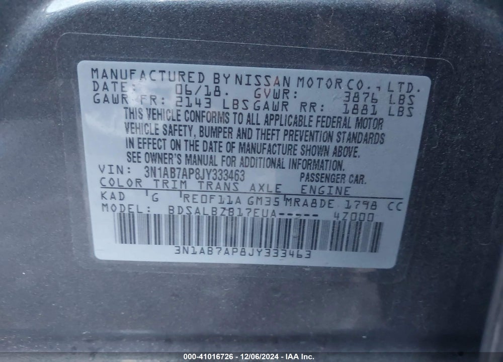 2018 NISSAN SENTRA S VIN: 3N1AB7AP8JY333463