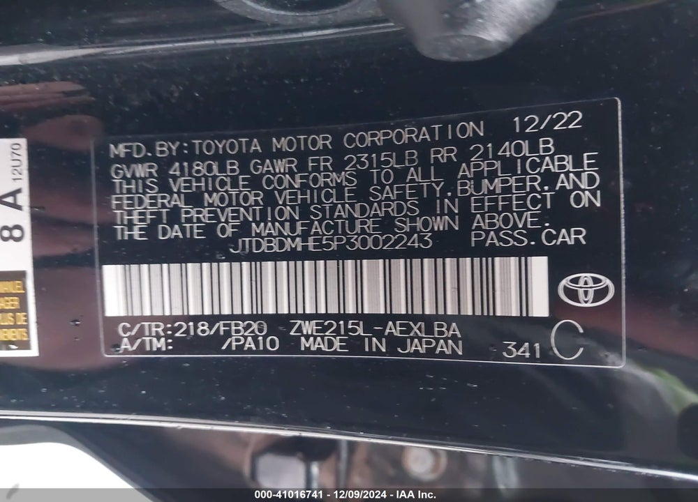 2023 TOYOTA COROLLA HYBRID LE VIN: JTDBDMHE5P3002243