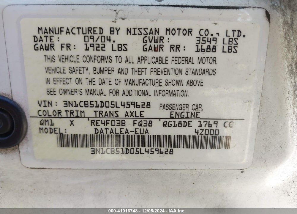 2005 NISSAN SENTRA 1.8S VIN: 3N1CB51D05L459628