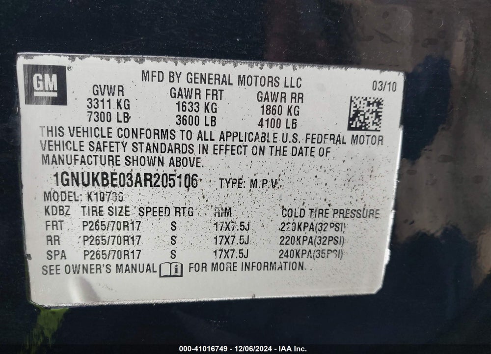2010 CHEVROLET TAHOE LT VIN: 1GNUKBE03AR205106