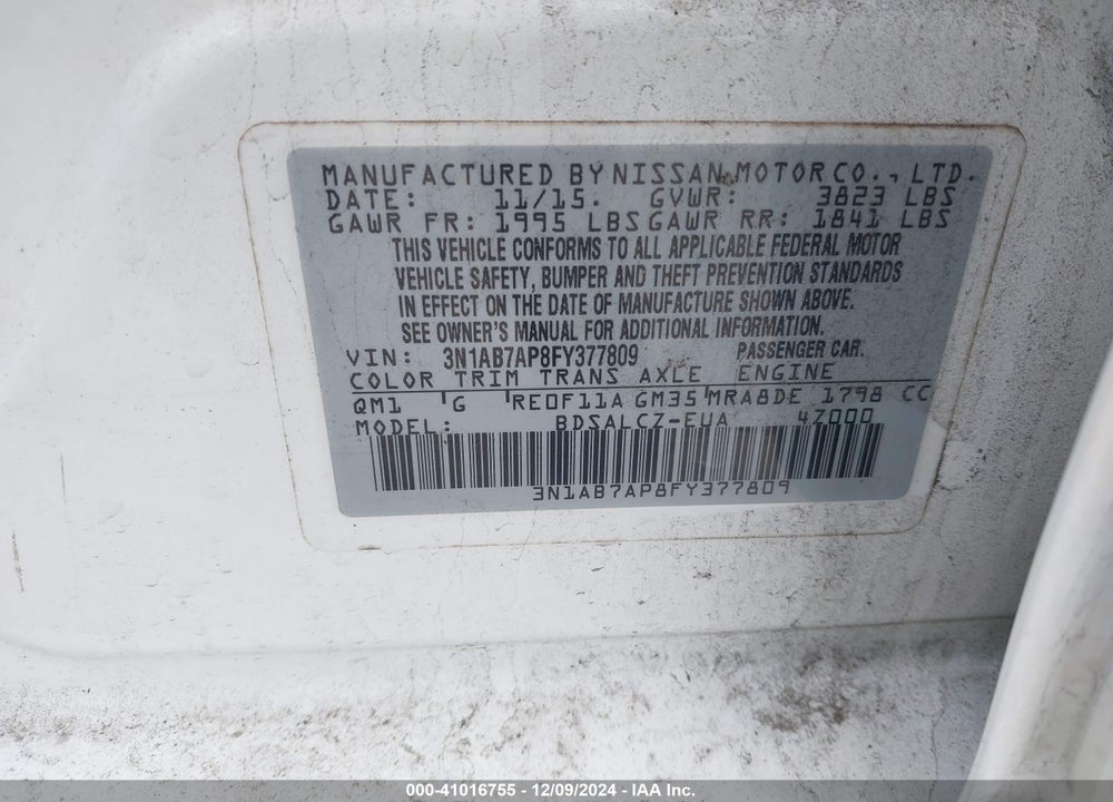 2015 NISSAN SENTRA S VIN: 3N1AB7AP8FY377809