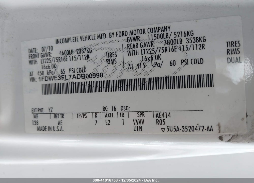 2010 FORD E-350 CUTAWAY VIN: 1FDWE3FL7ADB00990