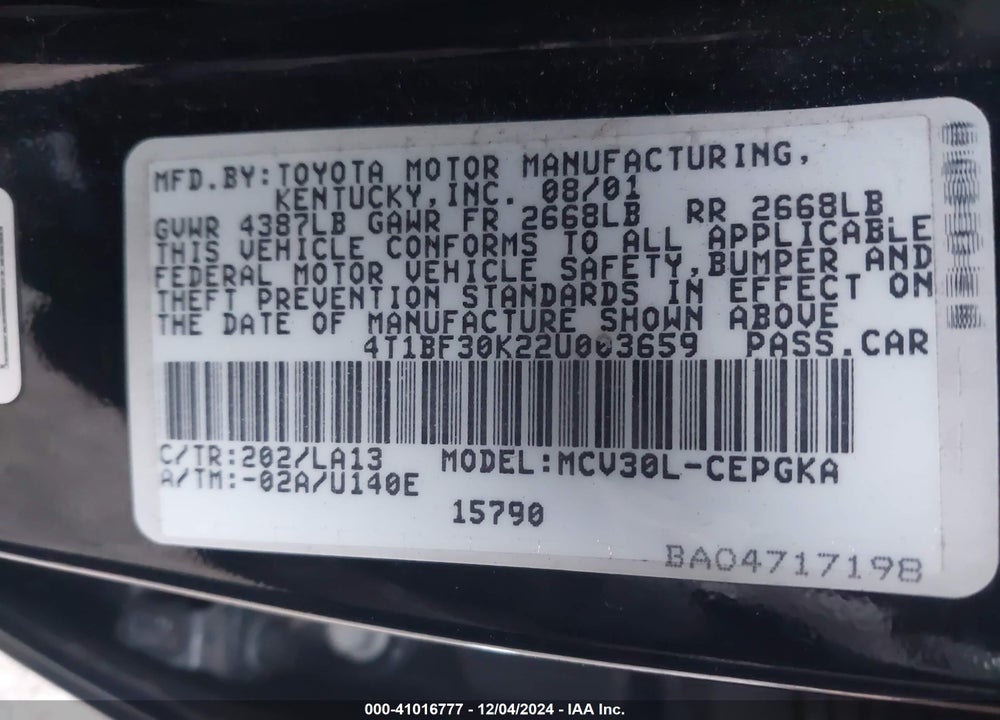 2002 TOYOTA CAMRY XLE V6 VIN: 4T1BF30K22U003659