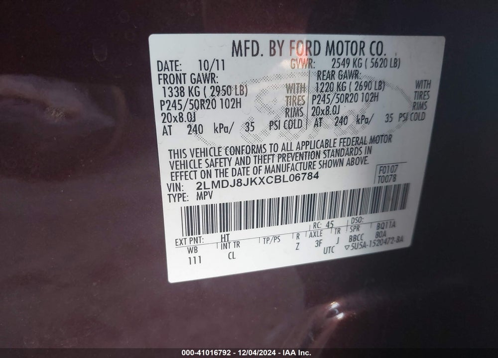2012 LINCOLN MKX VIN: 2LMDJ8JKXCBL06784