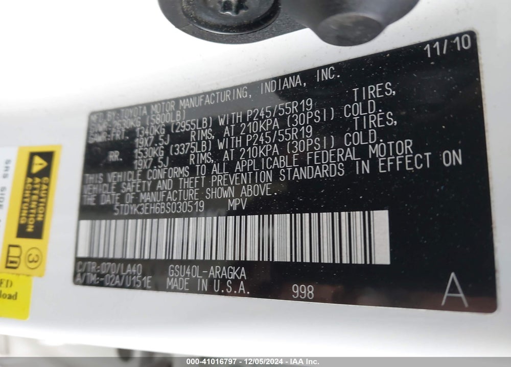 2011 TOYOTA HIGHLANDER LIMITED V6 VIN: 5TDYK3EH6BS030519