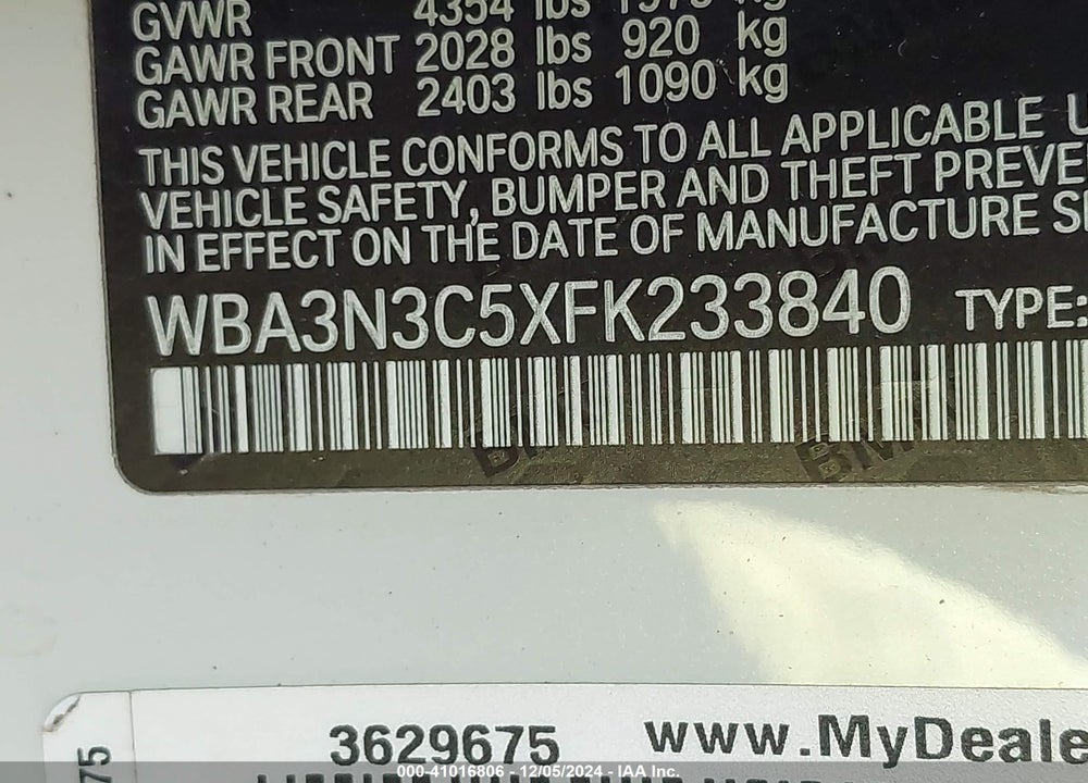 2015 BMW 428I VIN: WBA3N3C5XFK233840