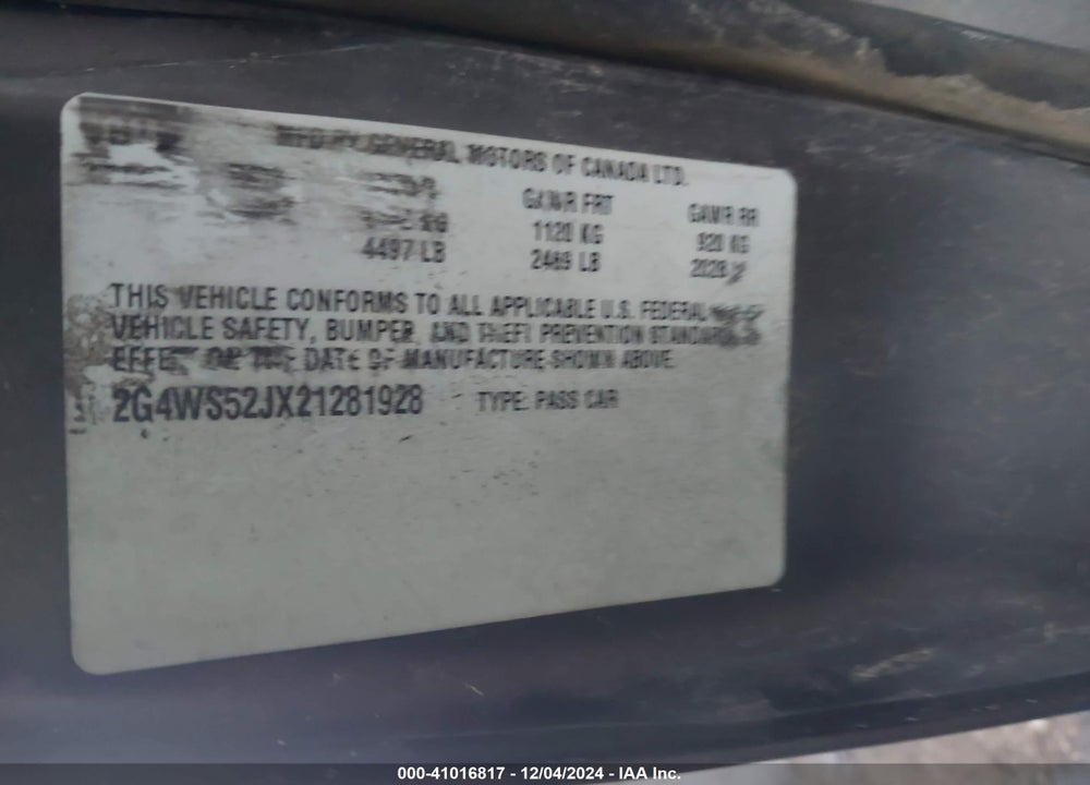 2002 BUICK CENTURY CUSTOM VIN: 2G4WS52JX21281928