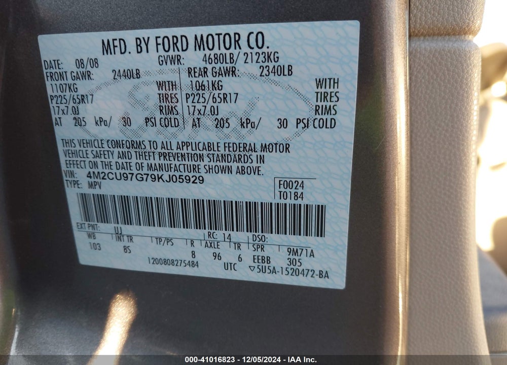 2009 MERCURY MARINER PREMIER V6 VIN: 4M2CU97G79KJ05929