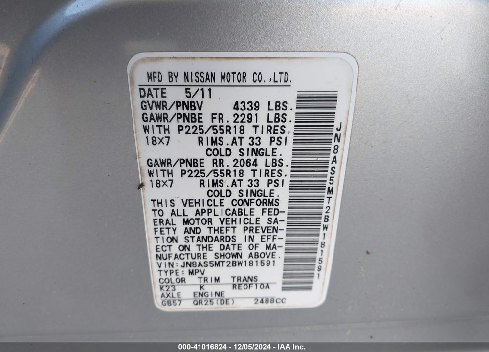 2011 NISSAN ROGUE SV VIN: JN8AS5MT2BW181591