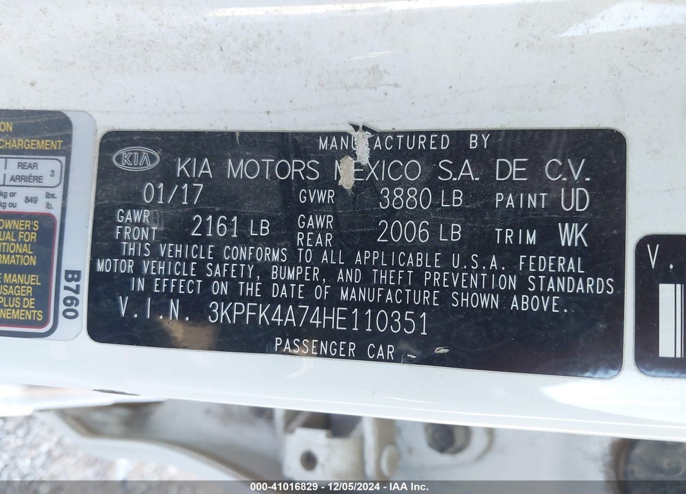 2017 KIA FORTE LX VIN: 3KPFK4A74HE110351