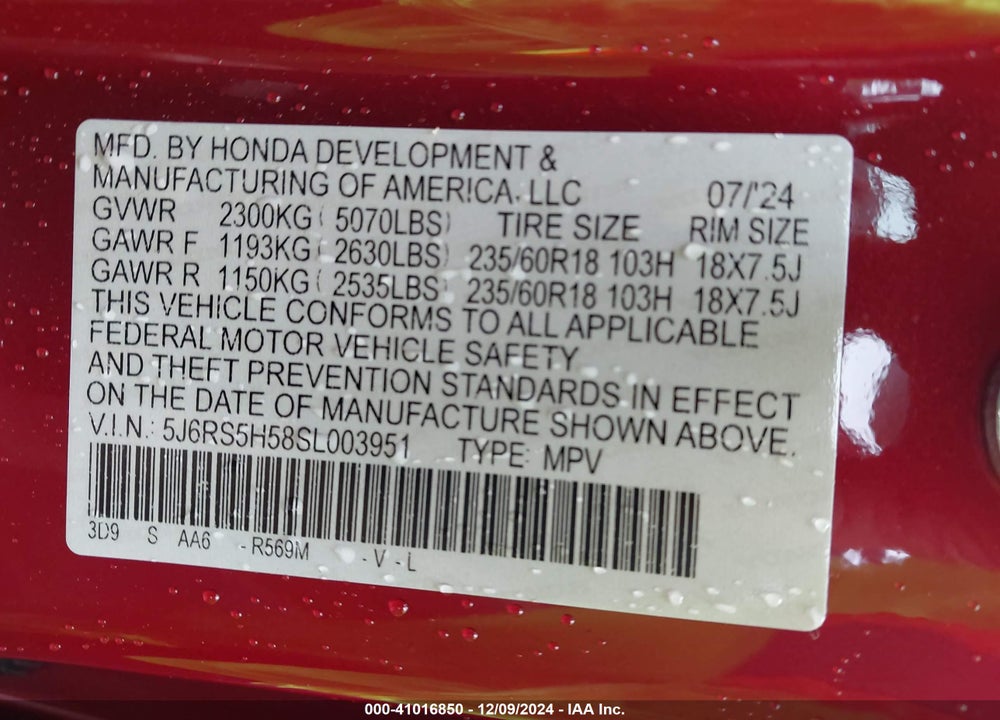 2025 HONDA CR-V HYBRID SPORT VIN: 5J6RS5H58SL003951