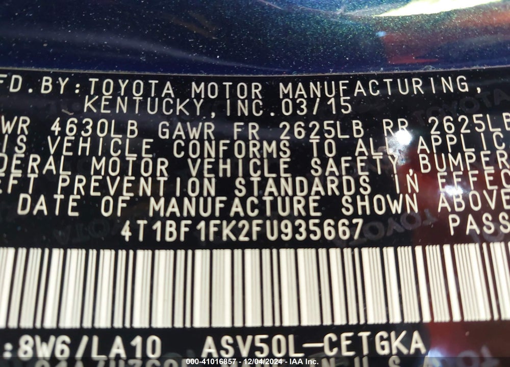 2015 TOYOTA CAMRY XLE VIN: 4T1BF1FK2FU935667