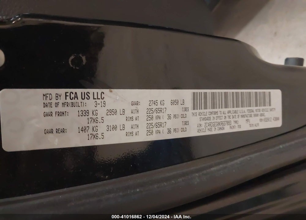 2019 DODGE GRAND CARAVAN GT VIN: 2C4RDGEG0KR637893
