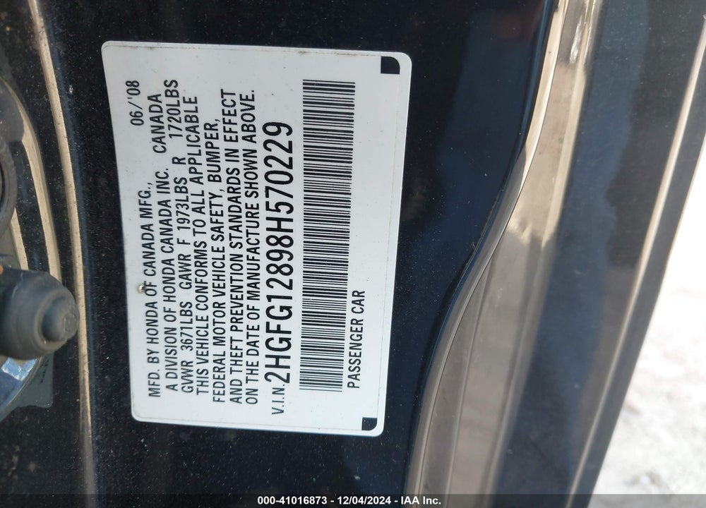 2008 HONDA CIVIC EX VIN: 2HGFG12898H570229