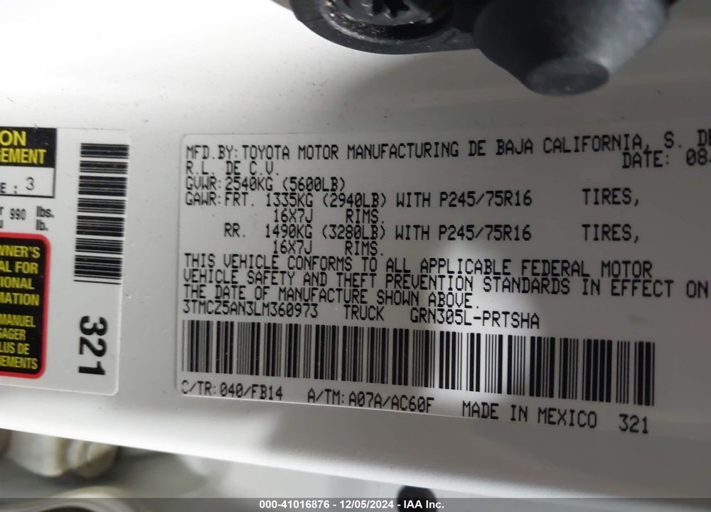 2020 TOYOTA TACOMA SR V6 VIN: 3TMCZ5AN3LM360973