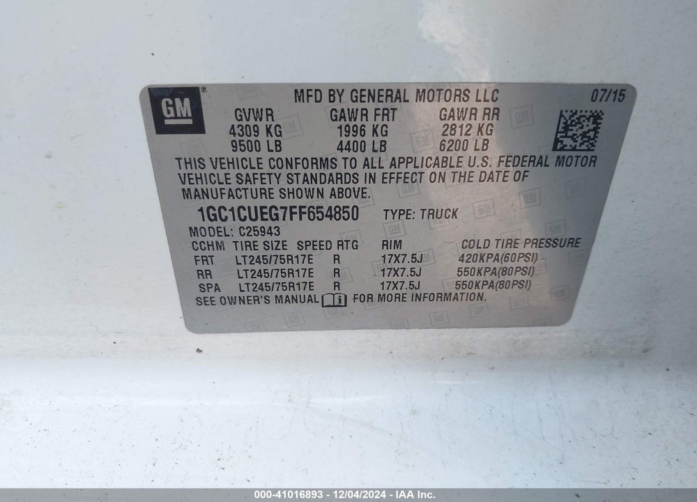 2015 CHEVROLET SILVERADO 2500HD WT VIN: 1GC1CUEG7FF654850
