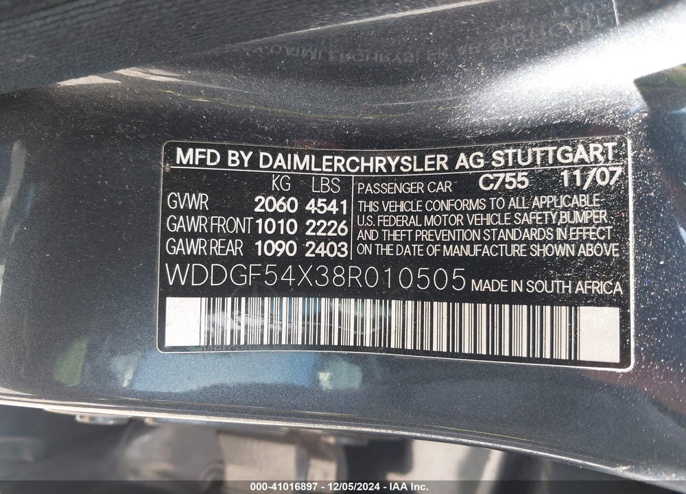 2008 MERCEDES-BENZ C 300 VIN: WDDGF54X38R010505