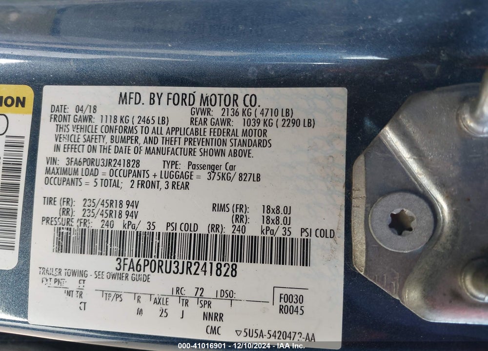 2018 FORD FUSION HYBRID TITANIUM VIN: 3FA6P0RU3JR241828
