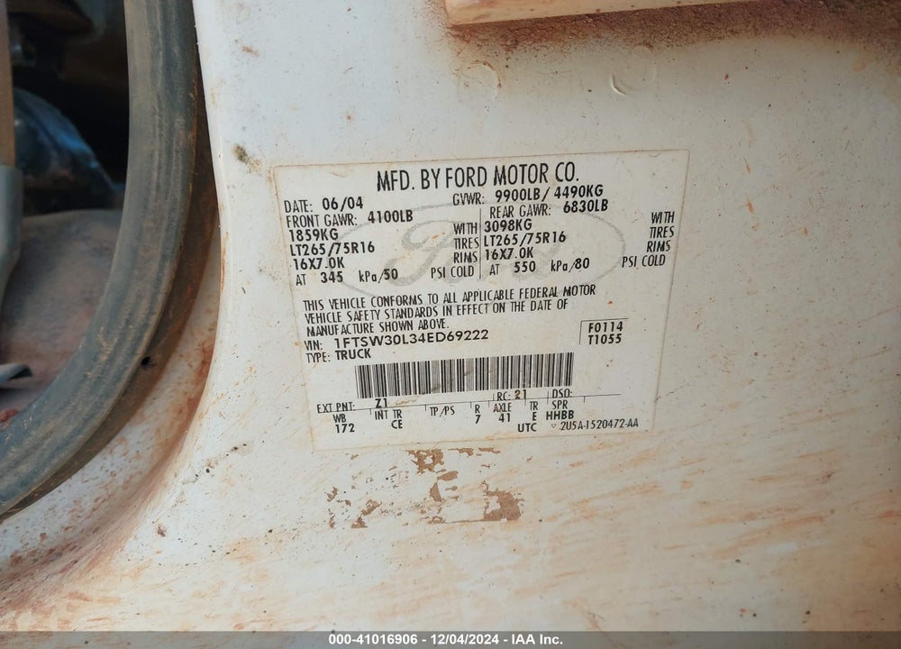 2004 FORD F-350 LARIAT/XL/XLT VIN: 1FTSW30L34ED69222