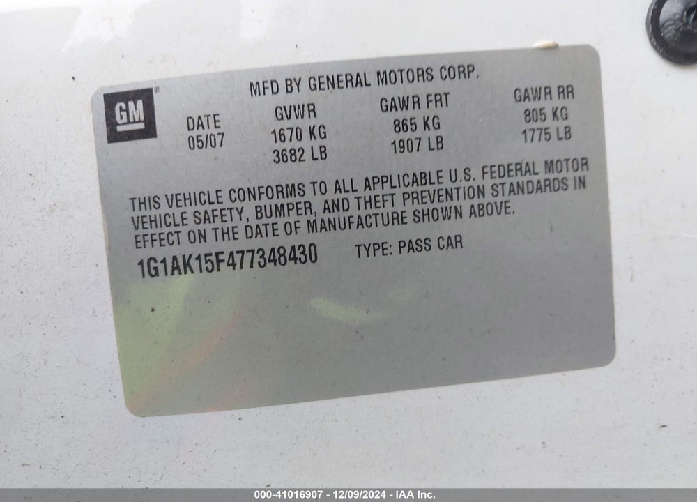 2007 CHEVROLET COBALT LS VIN: 1G1AK15F477348430