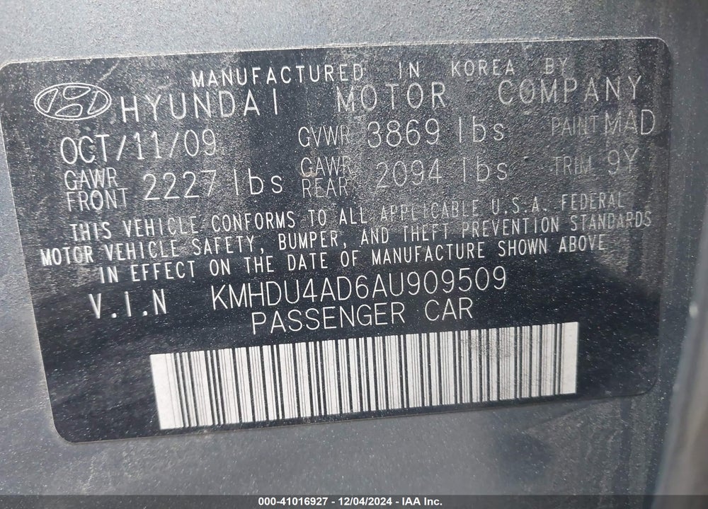 2010 HYUNDAI ELANTRA GLS VIN: KMHDU4AD6AU909509
