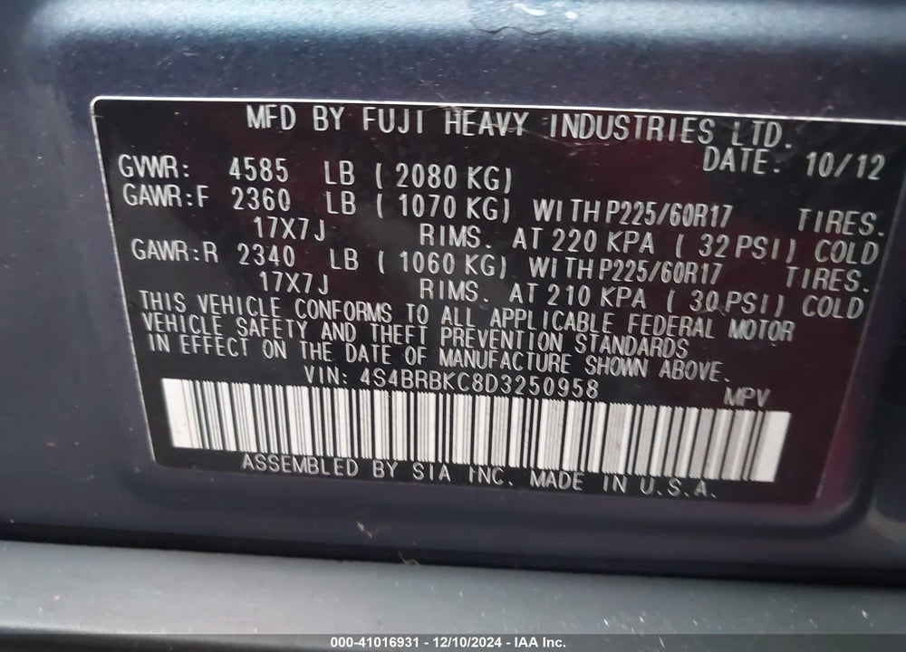 2013 SUBARU OUTBACK 2.5I LIMITED VIN: 4S4BRBKC8D3250958