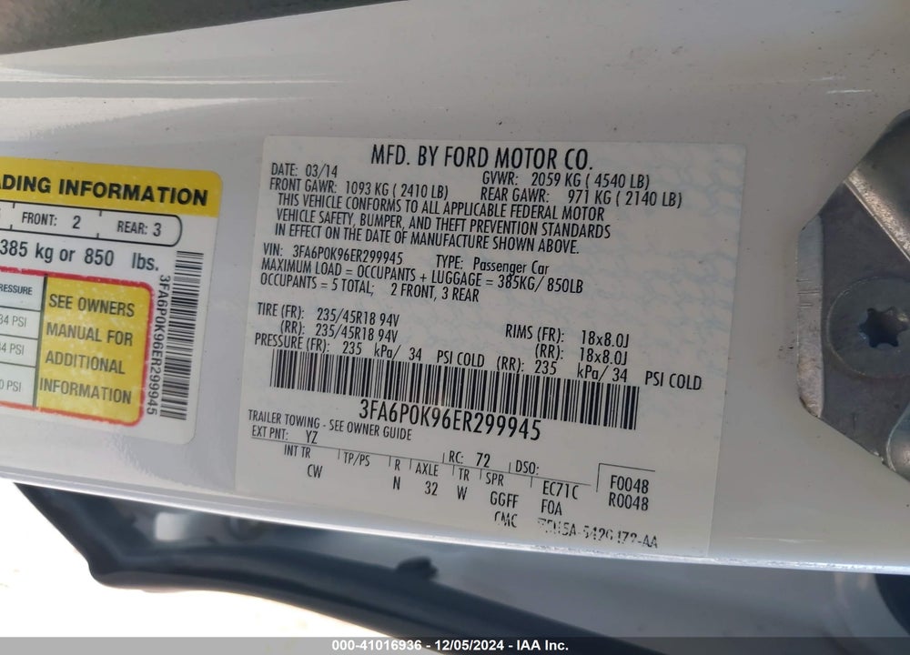 2014 FORD FUSION TITANIUM VIN: 3FA6P0K96ER299945