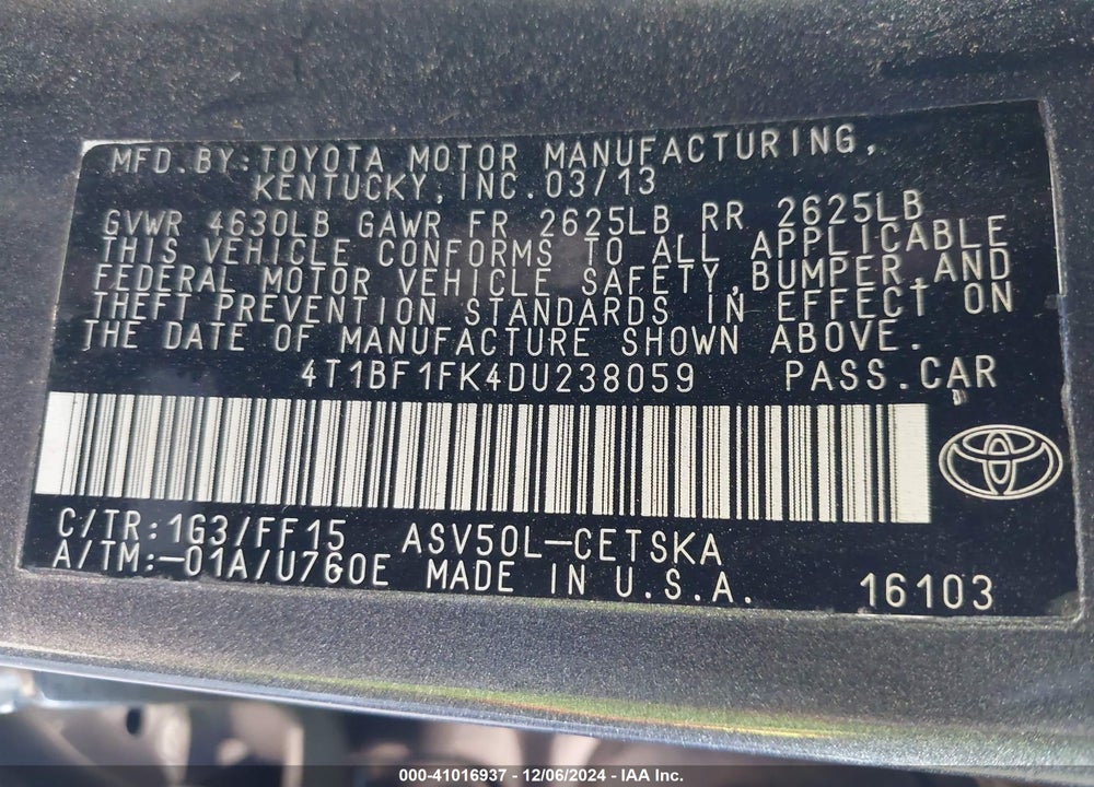 2013 TOYOTA CAMRY SE VIN: 4T1BF1FK4DU238059