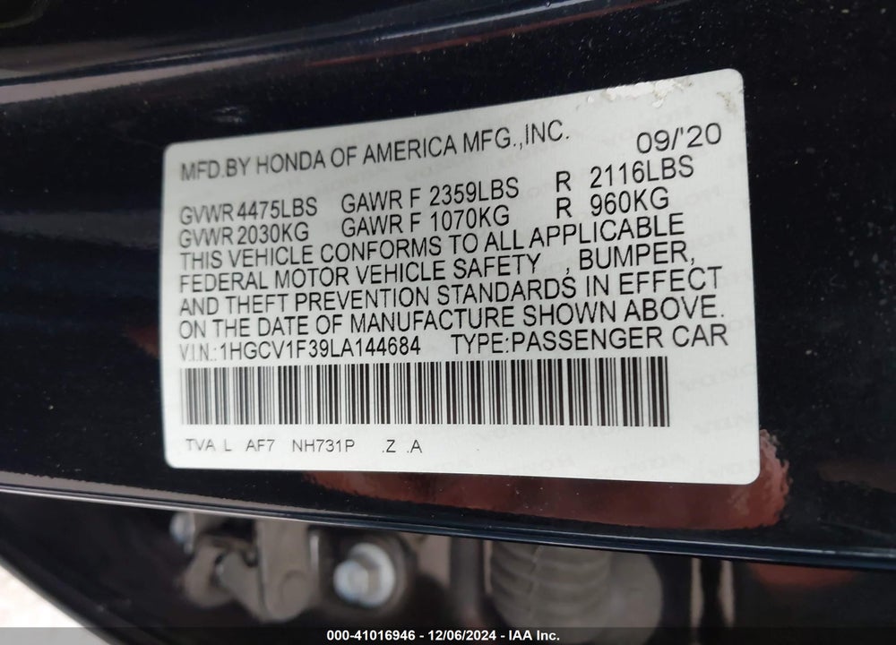 2020 HONDA ACCORD SPORT VIN: 1HGCV1F39LA144684