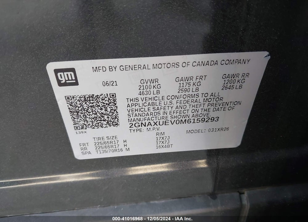 2021 CHEVROLET EQUINOX AWD LT VIN: 2GNAXUEV0M6159293