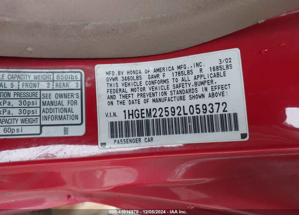 2002 HONDA CIVIC LX VIN: 1HGEM22592L059372