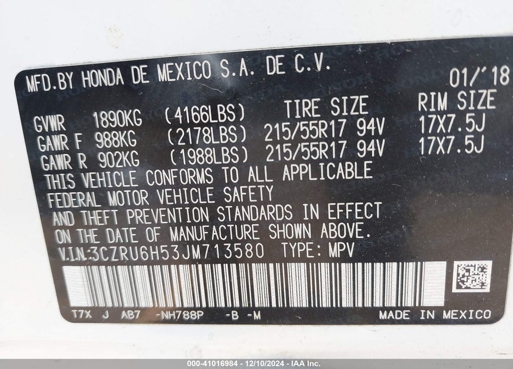 2018 HONDA HR-V EX VIN: 3CZRU6H53JM713580
