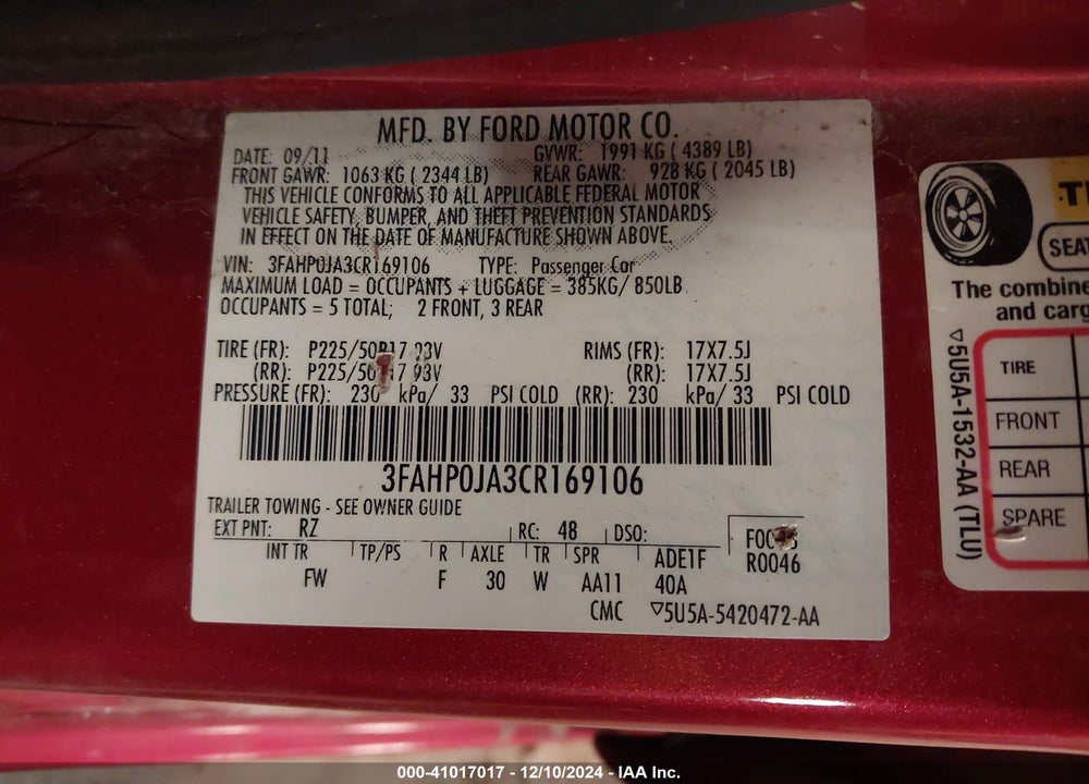 2012 FORD FUSION SEL VIN: 3FAHP0JA3CR169106
