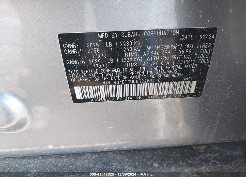 2024 SUBARU OUTBACK WILDERNESS VIN: 4S4BTGUD8R3251720
