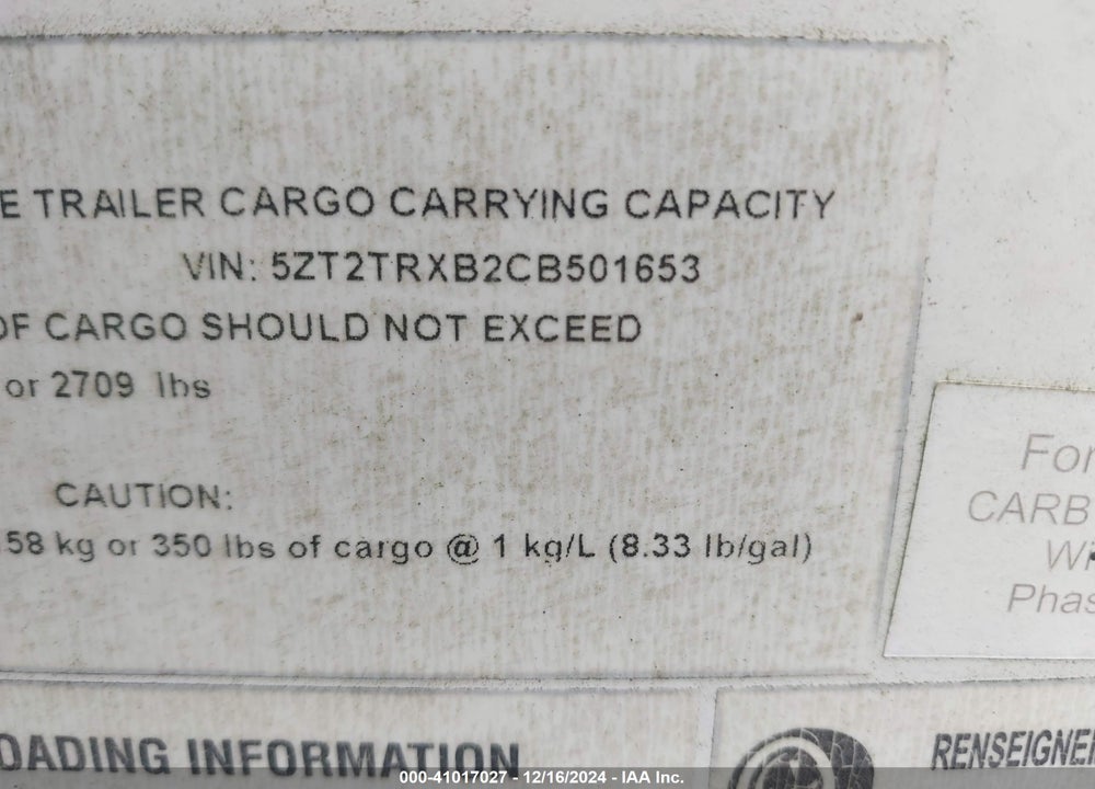 2012 TRACER OTHER VIN: 5ZT2TRXB2CB501653