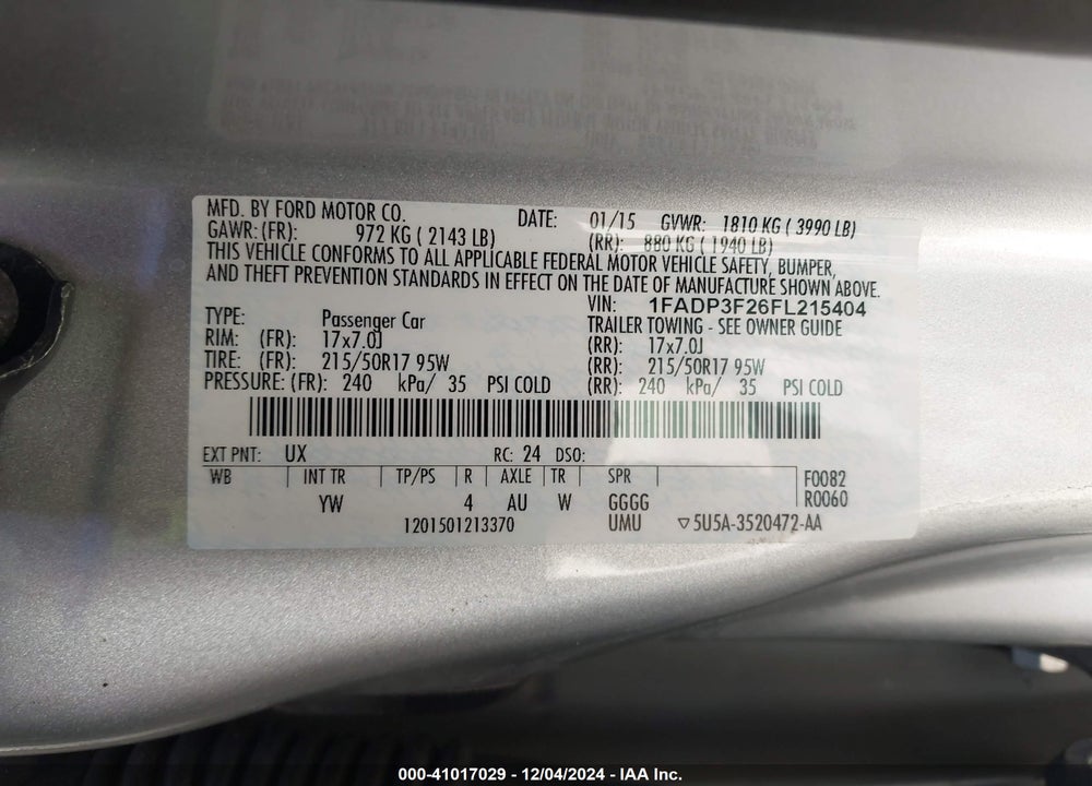 2015 FORD FOCUS SE VIN: 1FADP3F26FL215404