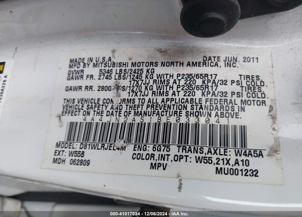 2011 MITSUBISHI ENDEAVOR VIN: 4A4JN2AS1BE033041