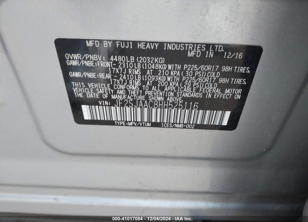2017 SUBARU FORESTER 2.5I VIN: JF2SJAAC8HH525116