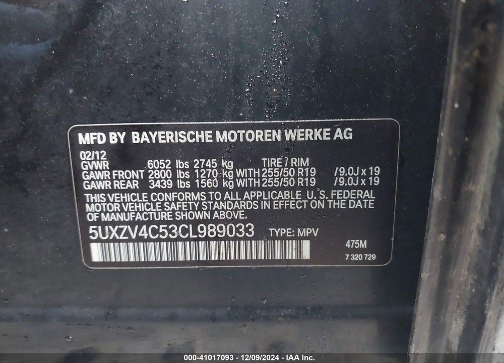 2012 BMW X5 XDRIVE35I/XDRIVE35I PREMIUM/XDRIVE35I SPORT ACTIVITY VIN: 5UXZV4C53CL989033