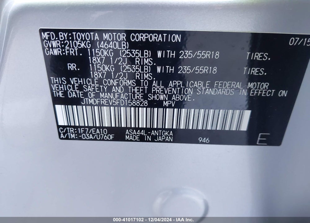 2015 TOYOTA RAV4 LIMITED VIN: JTMDFREV5FD158828