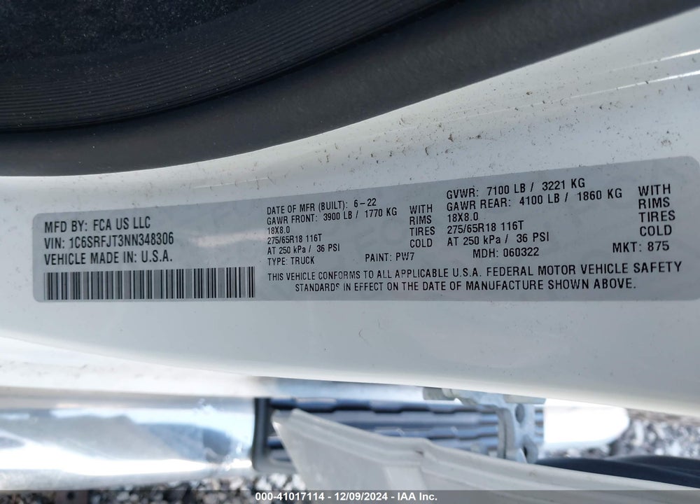 2022 RAM 1500 LAIE  4X4 5'7 BOX VIN: 1C6SRFJT3NN348306
