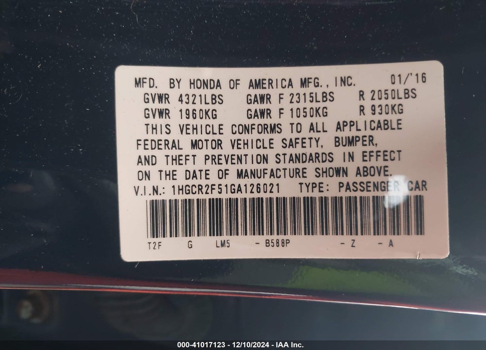 2016 HONDA ACCORD SPORT VIN: 1HGCR2F51GA126021